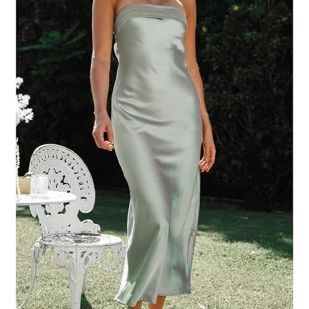 Satin Strapless Dress in Light Green - Picture 1 of 3
